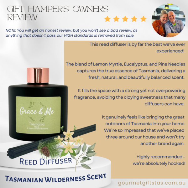 This reed diffuser is by far the best we've ever experienced! The blend of Lemon Myrtle, Eucalyptus, and Pine Needles captures the true essence of Tasmania, delivering a fresh, natural, and beautifully balanced scent. It fills the space with a strong yet not overpowering fragrance, avoiding the cloying sweetness that many diffusers can have. It genuinely feels like bringing the great outdoors of Tasmania into your home. We’re so impressed that we’ve placed three around our house and won’t try another brand again. Highly recommended— we’re absolutely hooked!