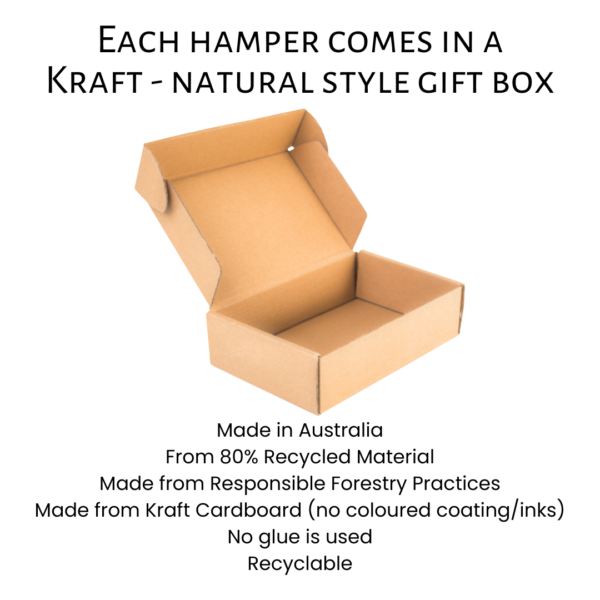 Each hamper comes in a Kraft - natural style gift box