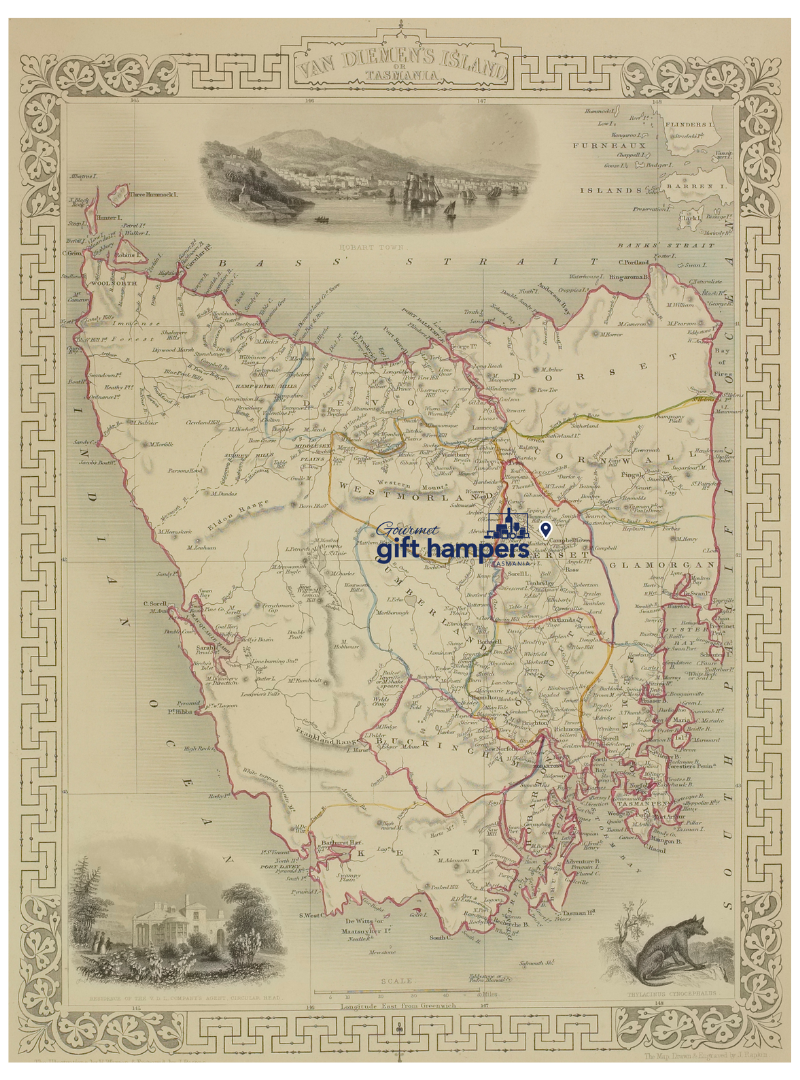 Map of Van Diemens Land with Gourmet Gift Hampers Tasmania's location