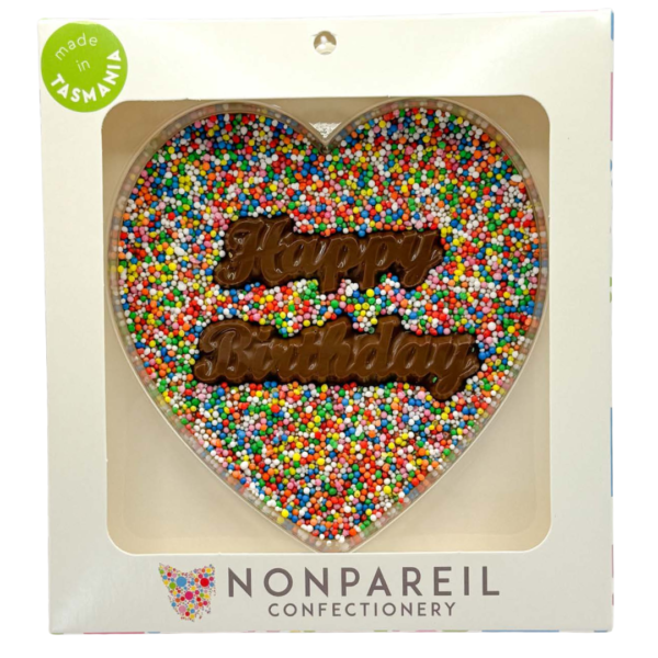 Nonpareil Chocolate Freckle HAPPY BIRTHDAY Heart in Gift Boxed