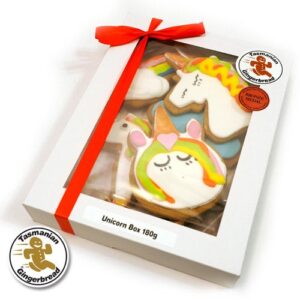 This magical box has the unicorn of your dreams and some rainbows for it to run on! Contains unicorn, rainbow, and cloud shaped biscuits.