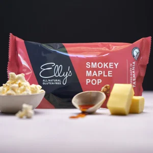 Elly's Smokey Maple Pop packet with popcorn, maple syrup, and butter, made in Tasmania