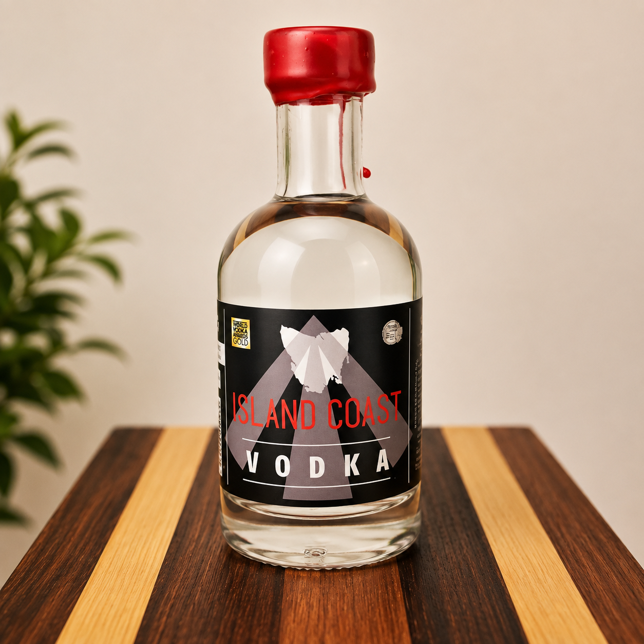 Island Coast Vodka bottle with red wax seal, Tasmanian vodka, World Vodka Awards Gold