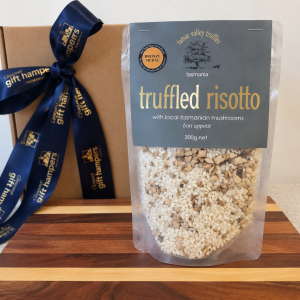 Tamar Valley Truffles Truffled Risotto 300g package with Bronze Medal badge, clear pack showing arborio rice and mushroom pieces