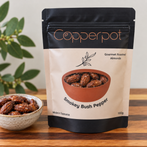 Copperpot Smokey Bush Pepper gourmet roasted almonds, made in Tasmania, 100g pouch.