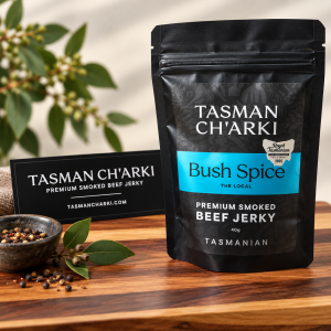 Tasman Charki Bush Spice premium smoked Tasmanian beef jerky, 40g pouch