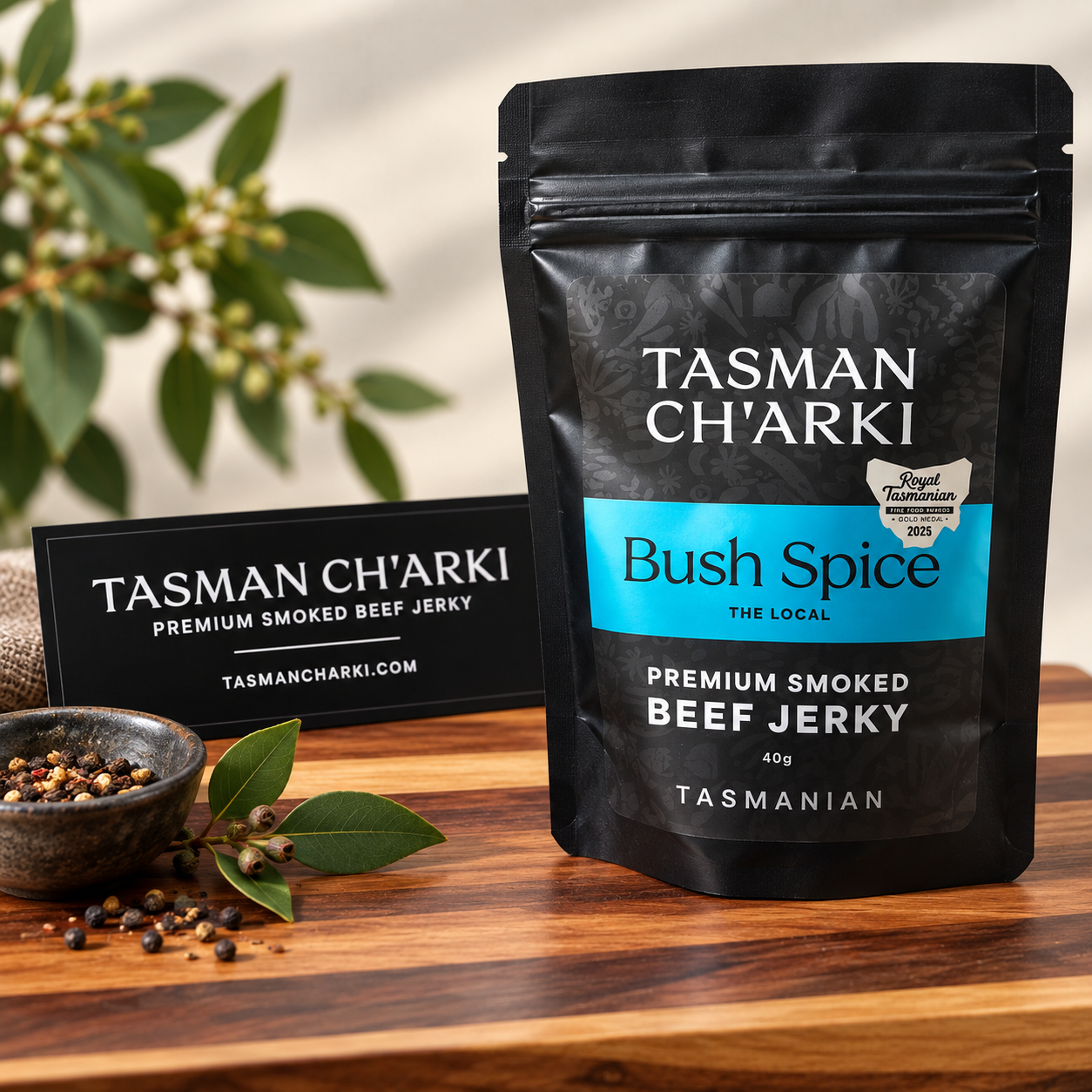 Tasman Charki Bush Spice premium smoked Tasmanian beef jerky, 40g pouch