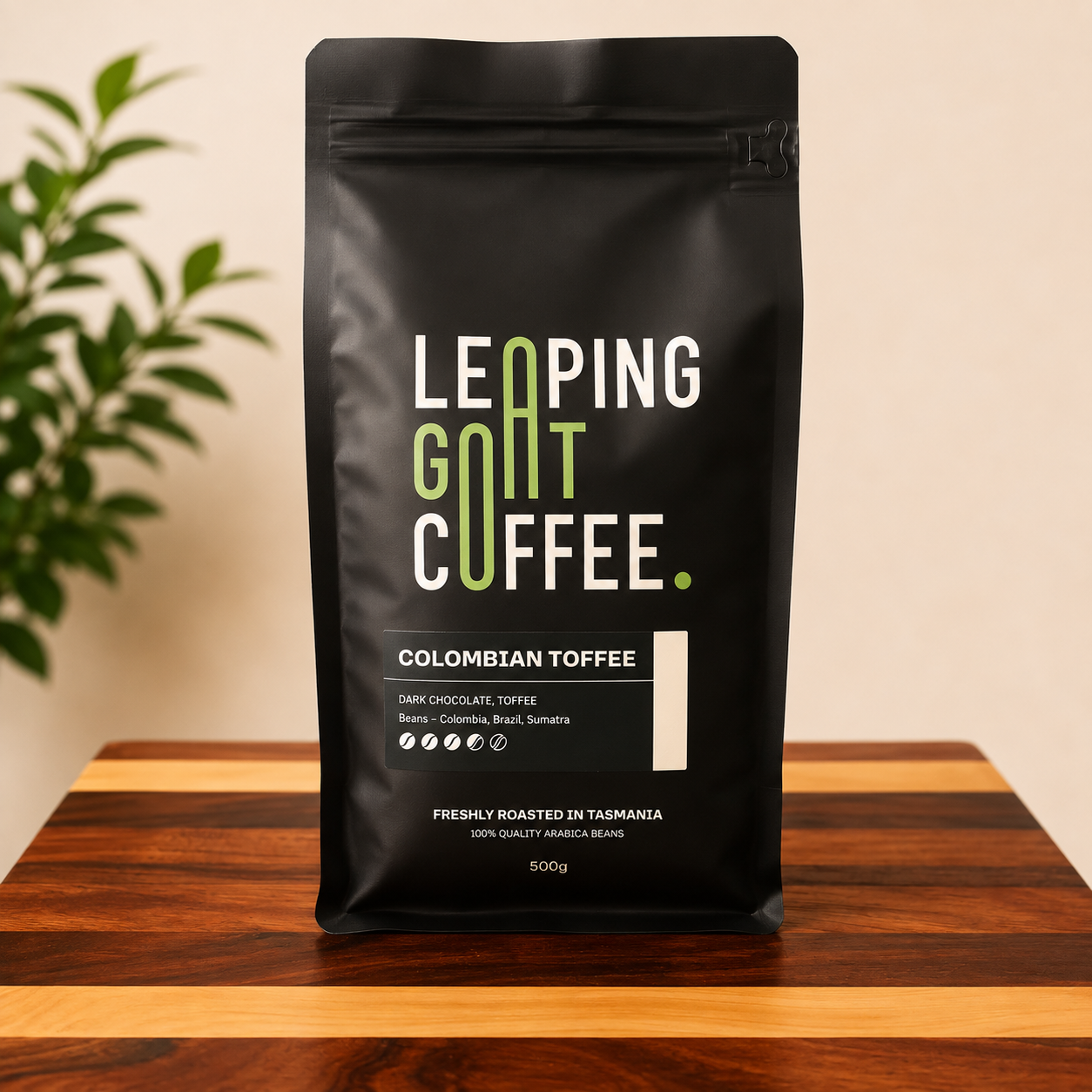 Leaping Goat Colombian Toffee coffee bag, 500g, freshly roasted in Tasmania
